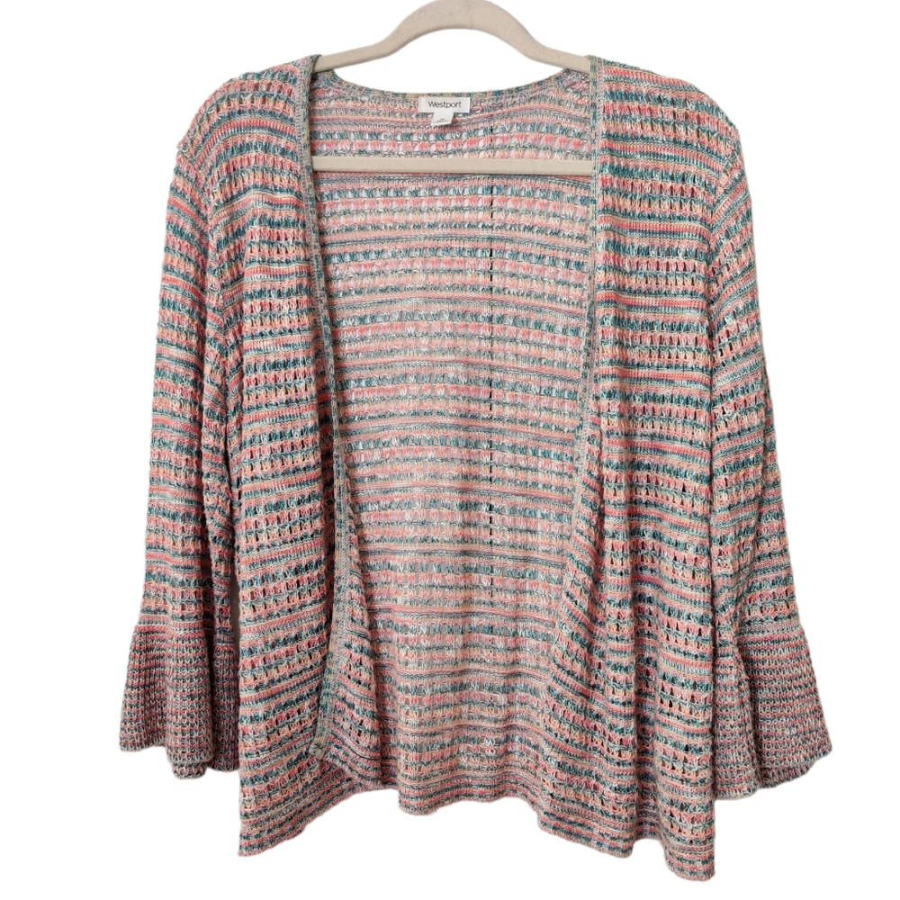 WESTPORT Multi Color Knit Open Weave Bell Sleeve Open Cardigan EUC sz 1X